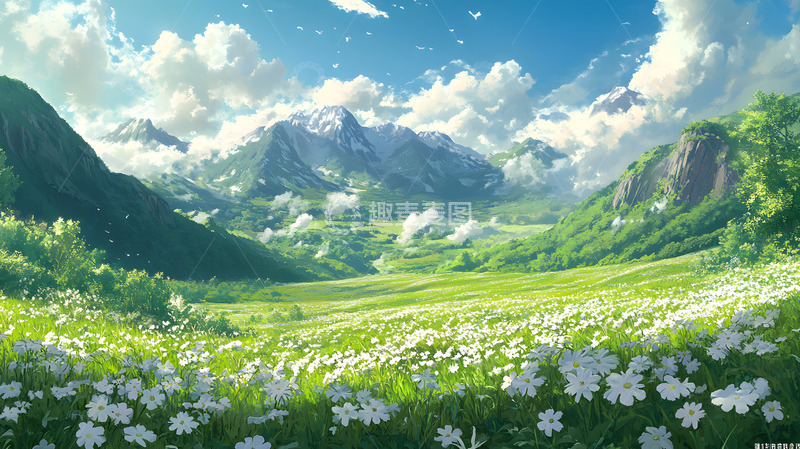 高清大图下载【趣麦麦图】开满鲜花的山谷与蓝天白云田园风光