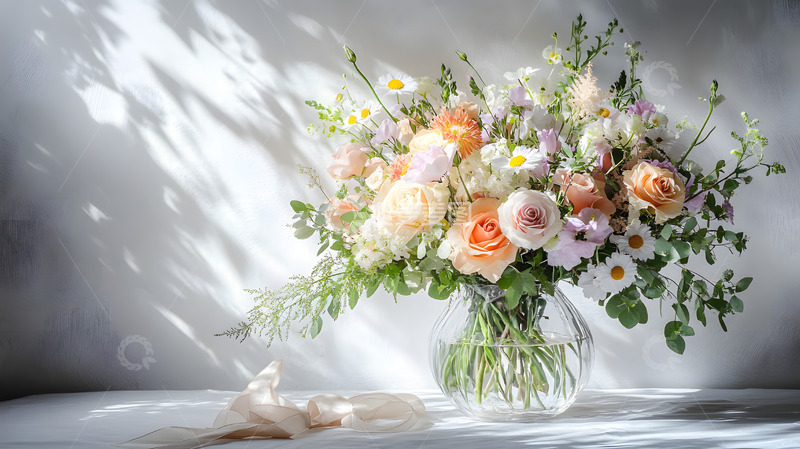 高清大图下载【趣麦麦图】光影下的玻璃花瓶精美花束清新自然风