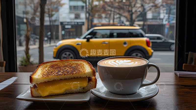 高清大图下载【趣麦麦图】咖啡店桌上三明治与咖啡街景摆拍图