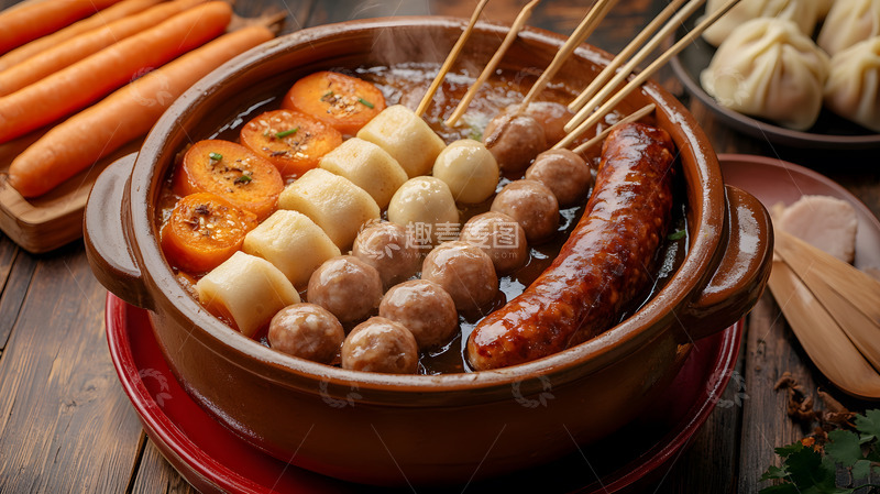 高清大图下载【趣麦麦图】丰富多样的串串美食锅中香肠与丸子拼盘