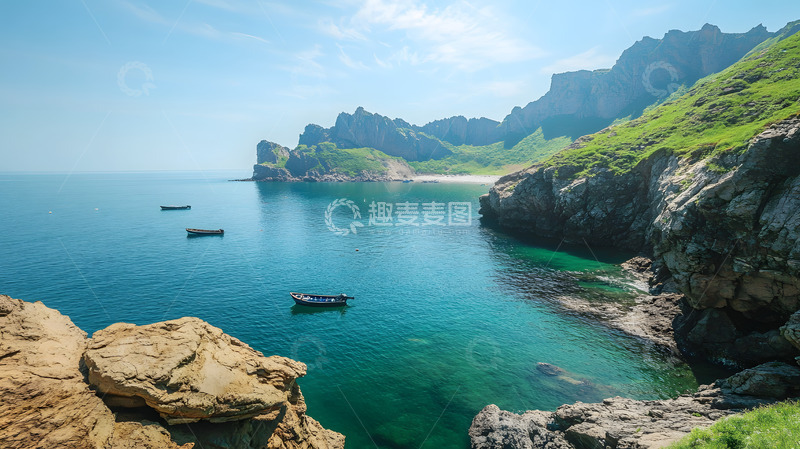 高清大图下载【趣麦麦图】宁静海岸与绿色山坡风景自然美景摄影