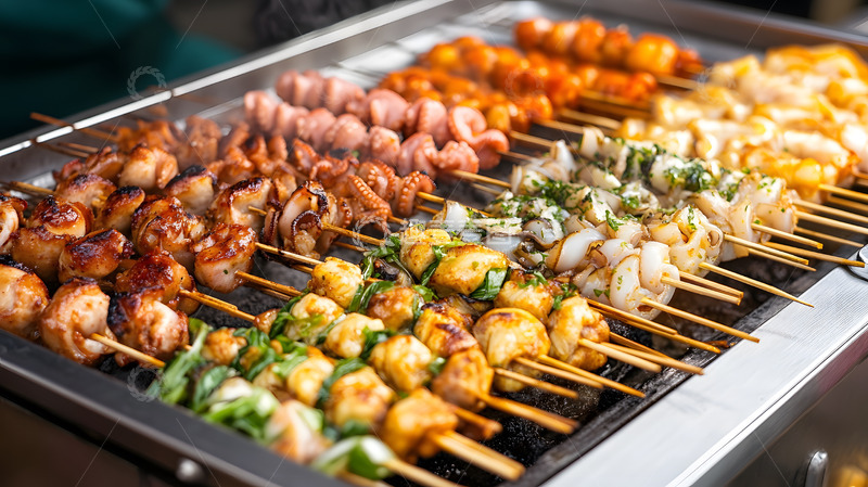 高清大图下载【趣麦麦图】热气腾腾的烧烤串串街头美食