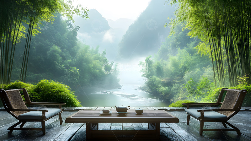 高清大图下载【趣麦麦图】绿树环绕中的户外休息桌椅与山水风光