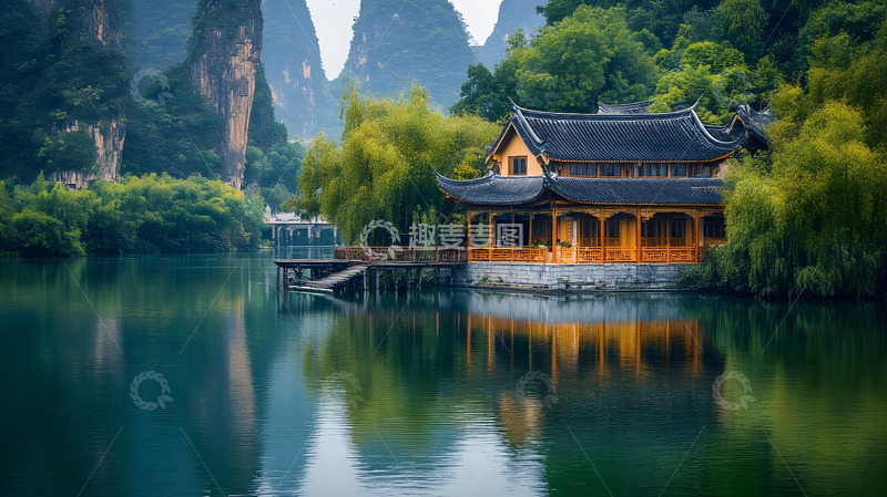高清大图下载【趣麦麦图】湖边传统建筑与山水风光宁静景色