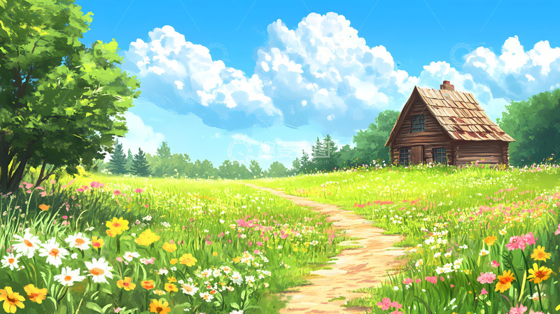 高清大图下载【趣麦麦图】花田中的小屋与乡村田园风光