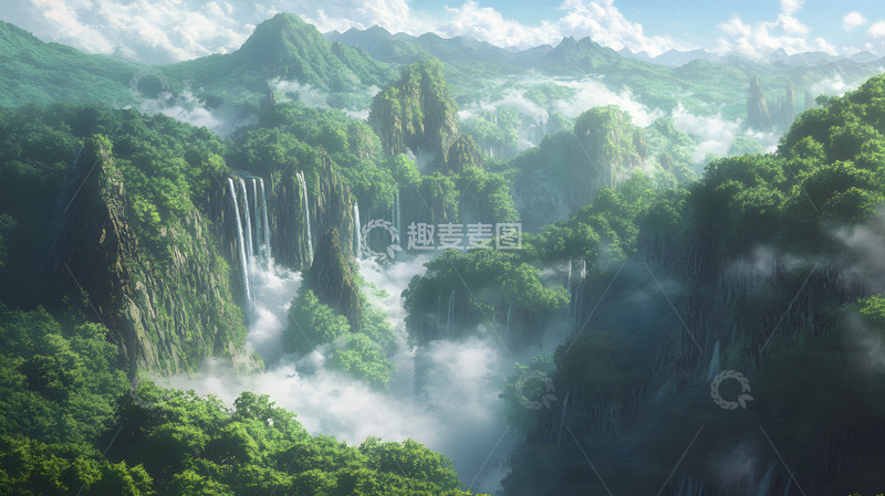高清大图下载【趣麦麦图】群山与瀑布交织的壮丽自然风光