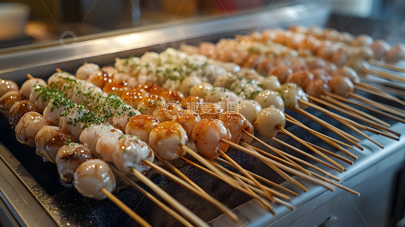高清大图下载【趣麦麦图】整齐排列的烤串美食烧烤热气腾腾