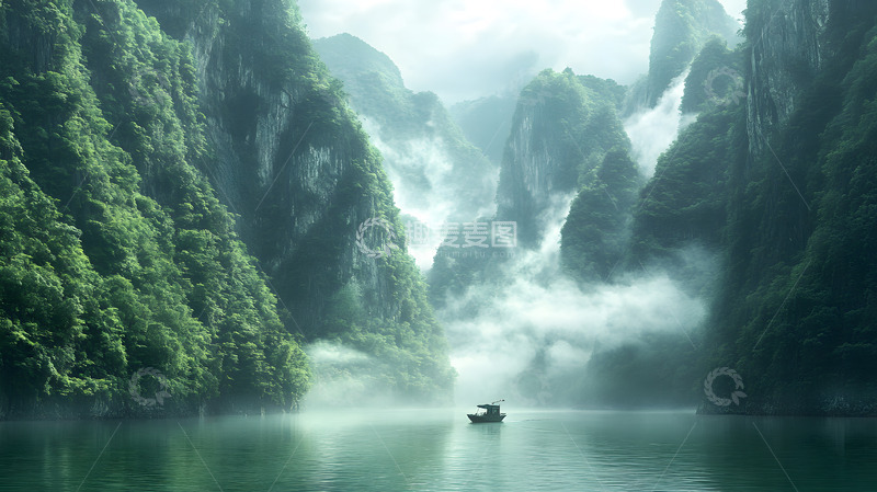 高清大图下载【趣麦麦图】山水与雾气环绕的河流风光