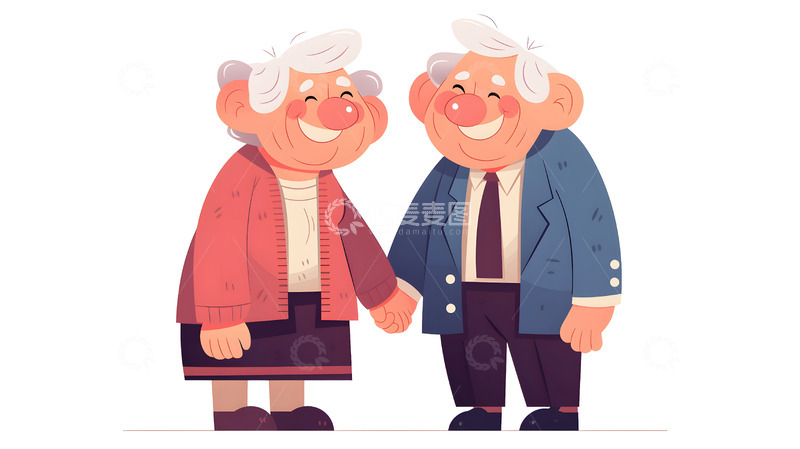 微笑老年夫妇手牵手温馨插画