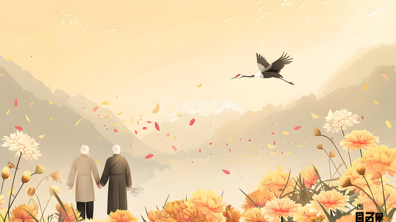 高清大图下载【趣麦麦图】老年夫妇秋季菊花仙鹤温馨风景插画