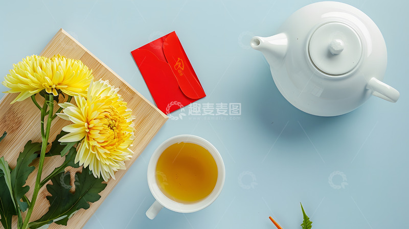 高清大图下载【趣麦麦图】菊花茶壶茶杯红信封摆设中国茶文化
