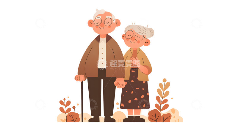高清大图下载【趣麦麦图】手牵手的老年夫妻插画