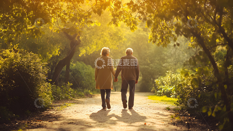 高清大图下载【趣麦麦图】夕阳下手牵手散步的老人