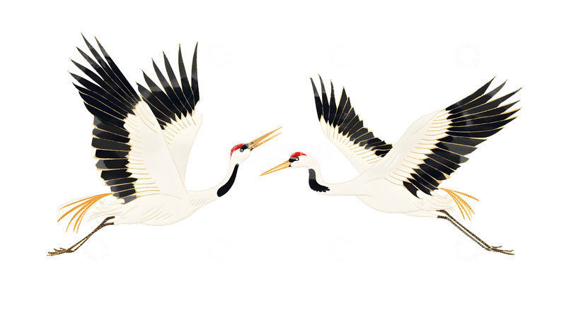 高清大图下载【趣麦麦图】两只飞翔的仙鹤中国传统艺术插画