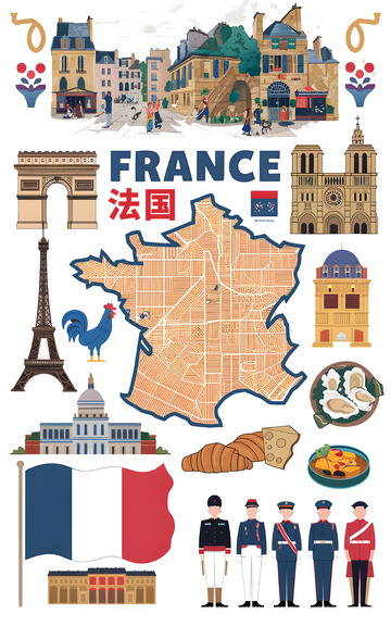 法国地标建筑风土人情旅游插画素材