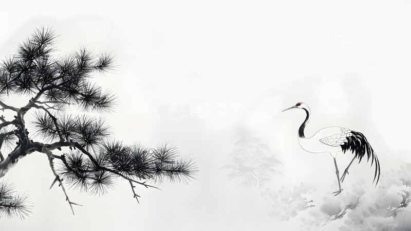 高清大图下载【趣麦麦图】水墨画仙鹤松树传统中国风景