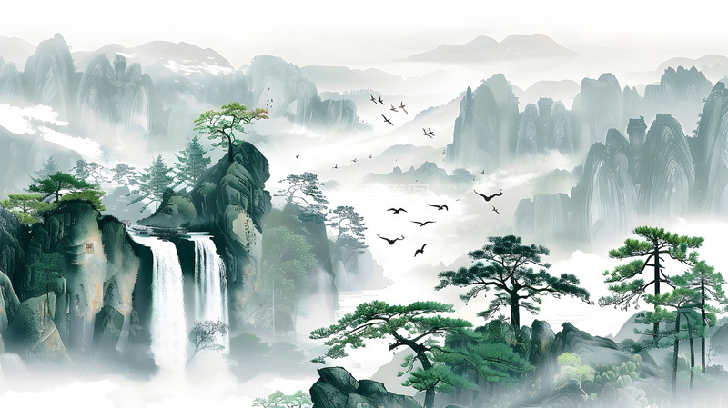 高清大图下载【趣麦麦图】山水瀑布云雾风景画壁纸