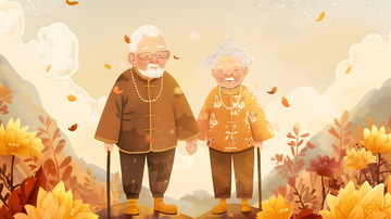 老年夫妇秋季花海温馨漫步插画
