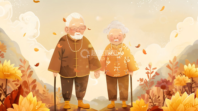 老年夫妇秋季花海温馨漫步插画