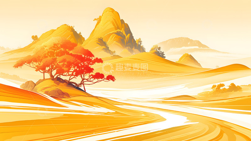 高清大图下载【趣麦麦图】金色秋季山峦与小路风景插画