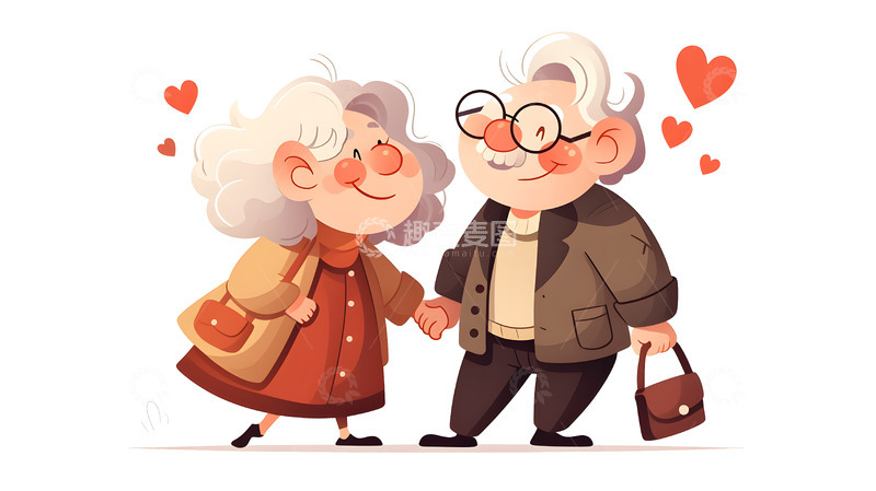 老年夫妇手牵手温馨爱心插画