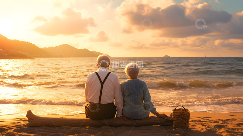 高清大图下载【趣麦麦图】夕阳海滩相伴的老年夫妇