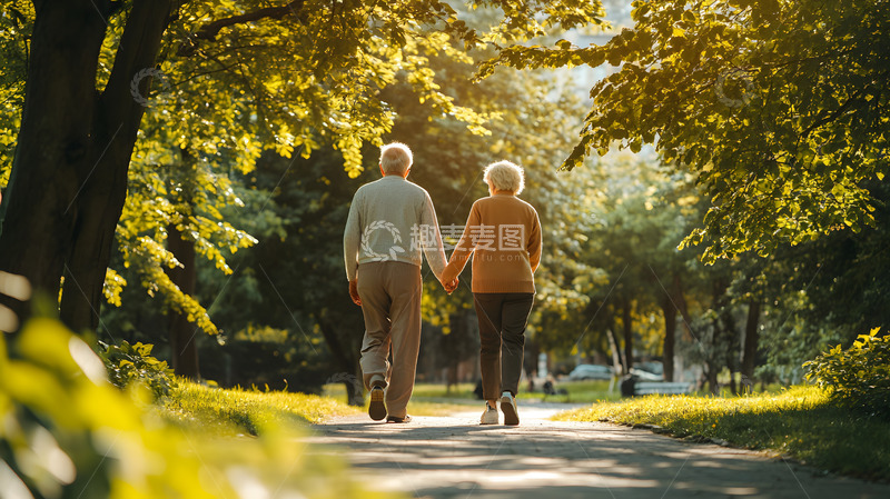 高清大图下载【趣麦麦图】阳光洒下的公园中老年夫妇牵手散步