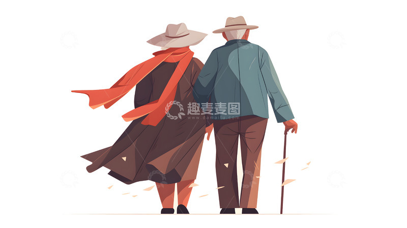 老年夫妇肩并肩温馨散步插画