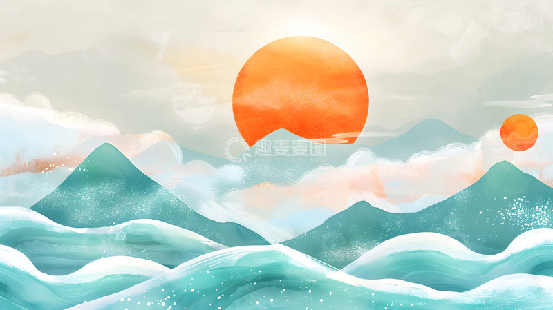 高清大图下载【趣麦麦图】日出海浪山峦风景画壁纸