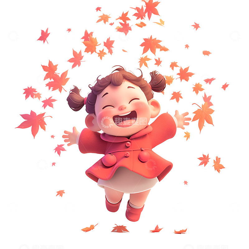 高清大图下载【趣麦麦图】在枫叶中跳跃的小女孩