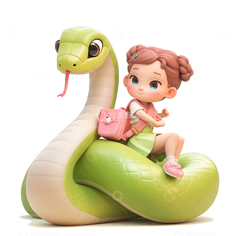 高清大图下载【趣麦麦图】坐在盘蛇身上的小女孩