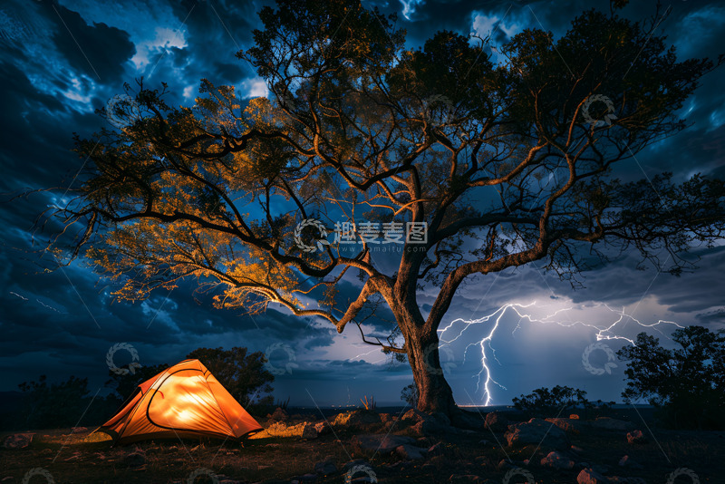 高清大图下载【趣麦麦图】雷云下的古树和帐篷