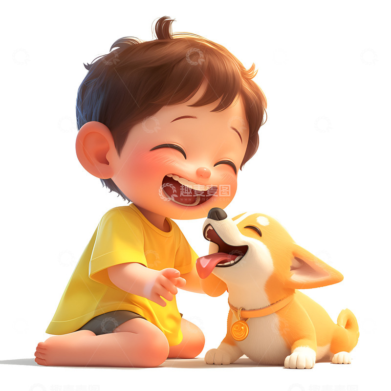 高清大图下载【趣麦麦图】小男孩和小狗一起玩耍