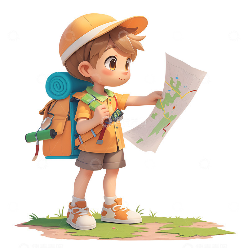 高清大图下载【趣麦麦图】拿着地图观看的小探险家