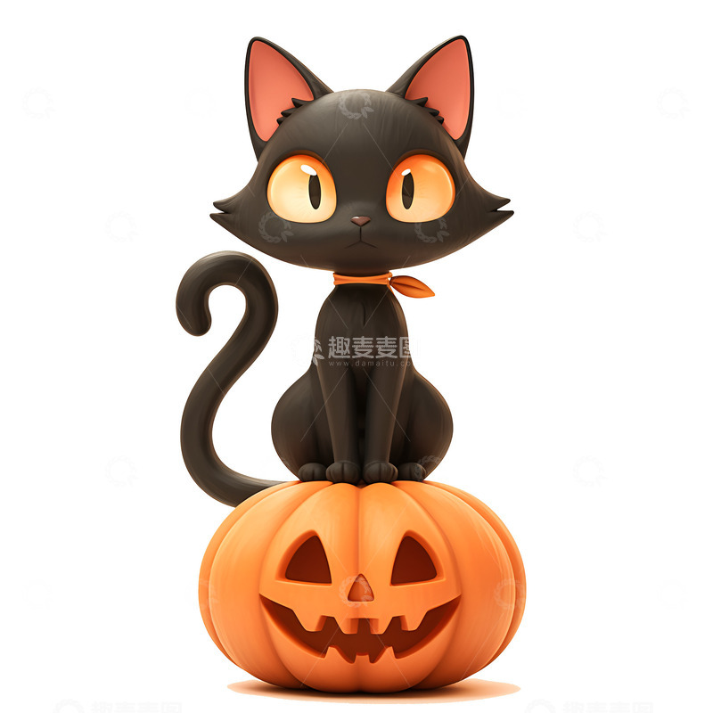 高清大图下载【趣麦麦图】坐在南瓜上的黑猫