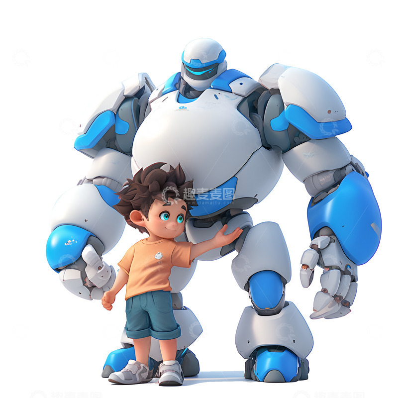 高清大图下载【趣麦麦图】小男孩和机器人