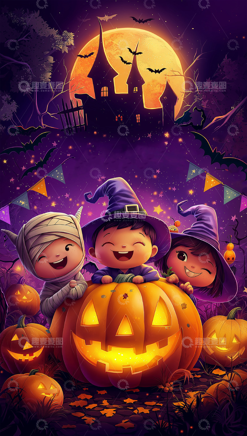 高清大图下载【趣麦麦图】万圣节化妆舞会派对卡通背景图