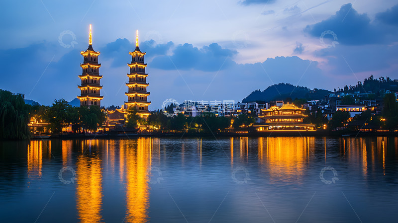 夜晚双塔湖面倒影桂林风景建筑壁纸
