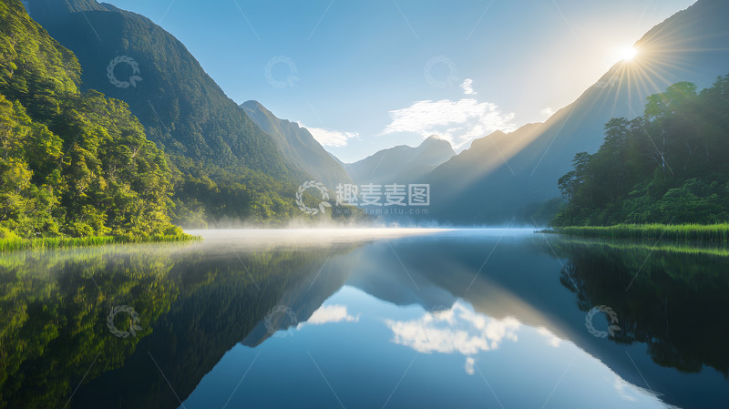 高清大图下载【趣麦麦图】晨光下宁静湖面倒影山峦风景壁纸