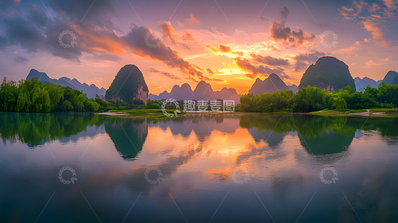 高清大图下载【趣麦麦图】夕阳湖面倒影山水风景桂林自然壁纸