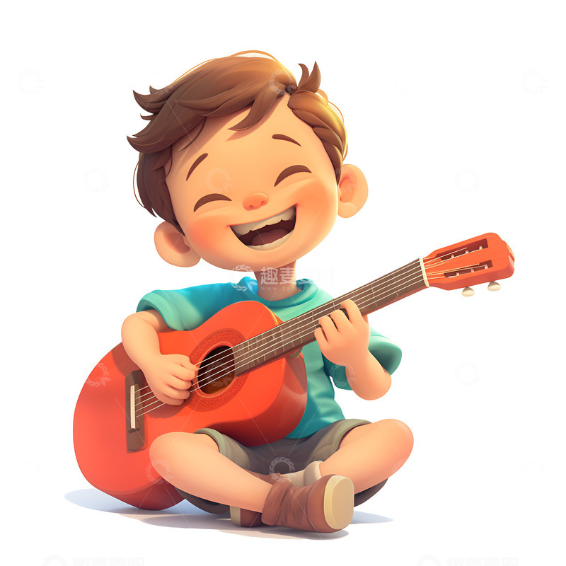 高清大图下载【趣麦麦图】盘腿弹吉他的少年