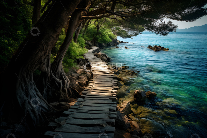 高清大图下载【趣麦麦图】海岸边的木头栈道