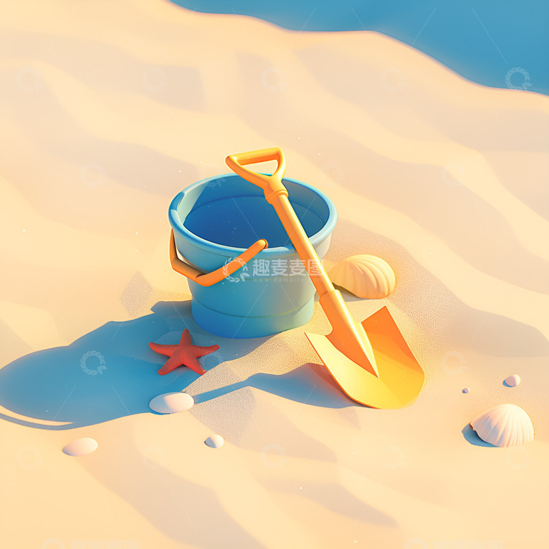 高清大图下载【趣麦麦图】卡通简约沙滩上的铲子和水桶