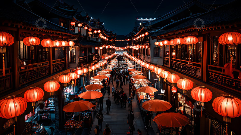 高清大图下载【趣麦麦图】夜晚中式街道红灯笼与人群节日庆典风景图