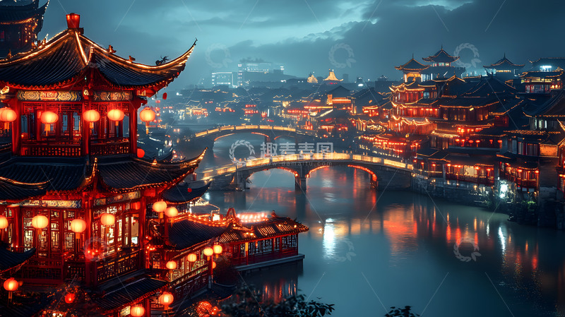 高清大图下载【趣麦麦图】夜晚中式古建筑与桥梁节日灯光风景图