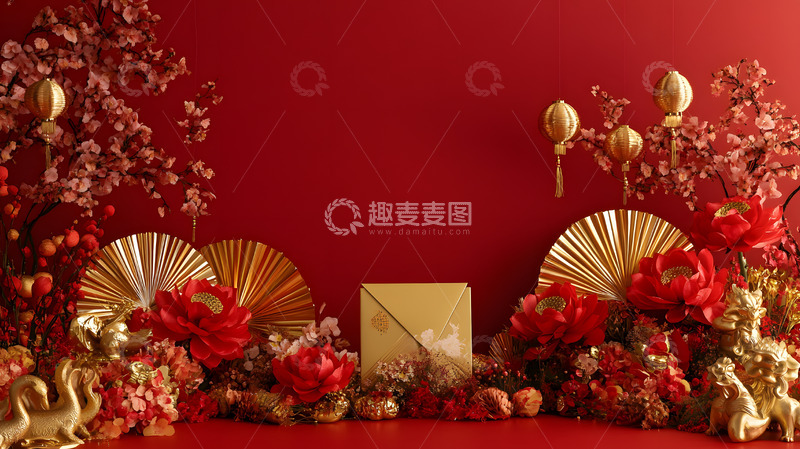 高清大图下载【趣麦麦图】红色背景金色扇子与花卉节庆装饰场景