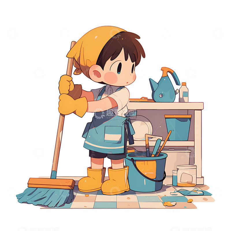 高清大图下载【趣麦麦图】拿着拖把打扫卫生的小孩