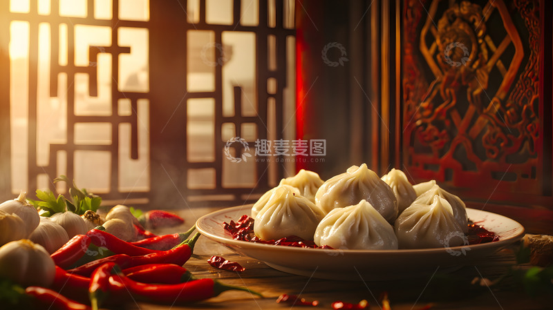 高清大图下载【趣麦麦图】中式蒸饺与辣椒传统美食静物图