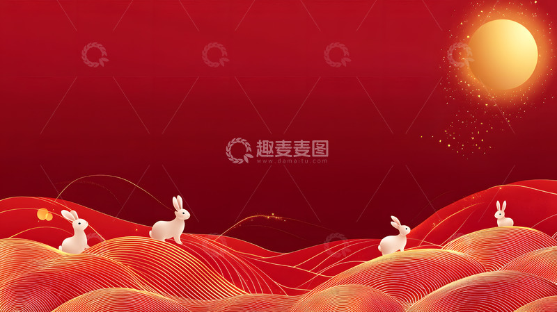 高清大图下载【趣麦麦图】红色山丘白兔金色太阳中秋节庆场景