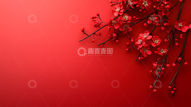 高清大图下载【趣麦麦图】红色背景梅花枝中式传统节庆装饰